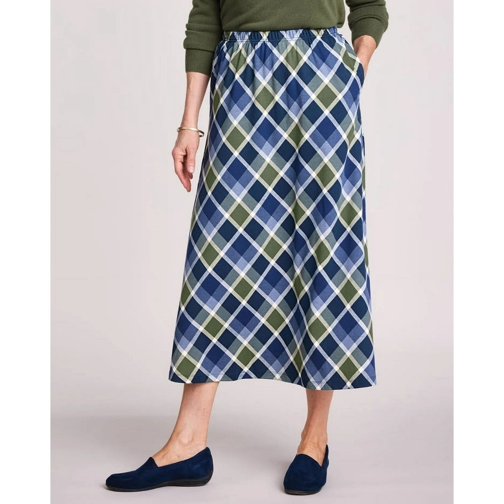 Blair Essential Knit Midi Skirt - Rich‎ Indigo Plaid - Green & Blue - Size Large